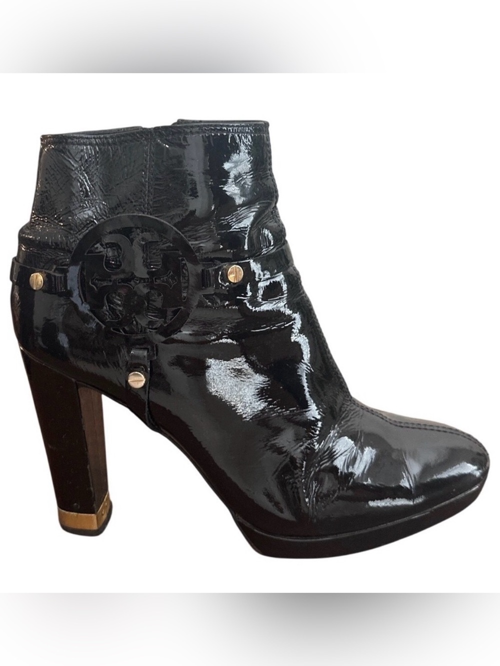 Tory Burch Whitney Booties Black Patent Leather Logo Platform Size 8